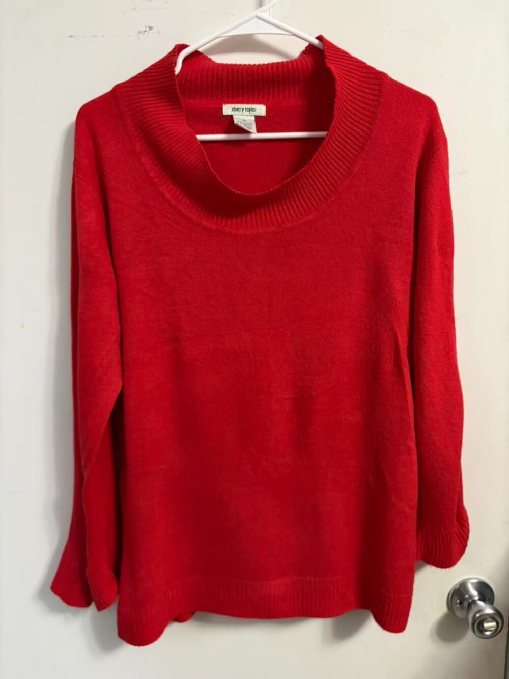 Sherry Taylor Women Acrylic 1X Red Wide Ribbed Cowl Neck Long Sleeve Pullover